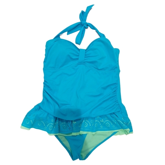 1X Vintage Joe Boxer Swimsuit One Piece Blue Ruffled Plus Size Lined  Halter NWT - Picture 1 of 9